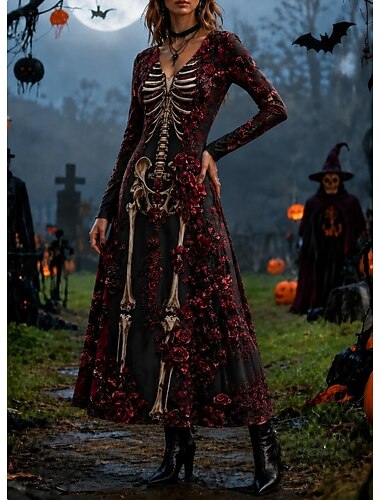  Halloween Dames Maxi-jurk Schede jurk Feest Casual Dagelijks Feest Feestdagen Normale pasvorm Grafisch Doodskoppen Lange mouw V-hals Wijn Herfst Winter