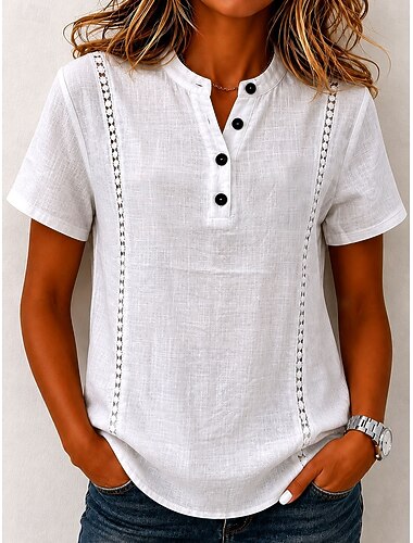  Mujer Blusa Ribete de encaje Color sólido Vintage Elegante Clásico Manga Corta Henry Collar Tops regulares Casual Diario Blanco Verano Primavera
