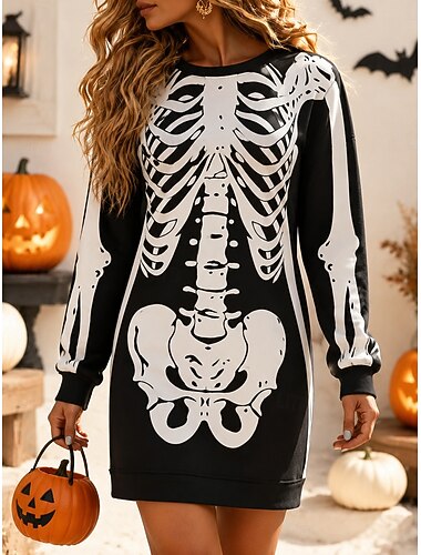  halloween női mini ruha váltás ruha vakáció hétköznapi ünnepi normál szabású grafikus csontváz hosszú ujjú kerek nyakú fekete bordó bézs ősz tél