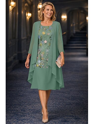  Todelt A-linje Te-lengde Kjole til brudens mor 3/4 ermer Halvlange ermer Øsehals Elegant Enkel Fritid Formell Bryllupsgjest Forlovelsesfest Chiffon Blonder Jakke kjoler med Drapert Broderi Appliqué