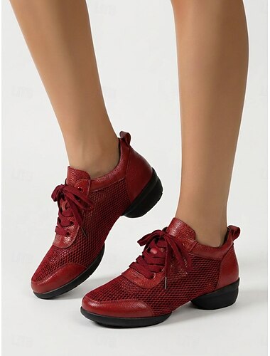  Dames dansschoenen van rood rundleer met holle mesh-zool, lage blokhak, gesplitste danszool, ademende mesh-stof, vetersluiting, geschikt voor ballroom- en square dance-training. &podiumoptreden