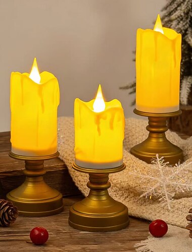  3 stuks vlamloze led-kaarsen met houders, romantische kaarslichtdecoratie voor bruiloft, diner, feest, Halloween, Kerstmis, thuis, slaapkamer, woonkamer, tafel. Werkt op AAA-batterijen.