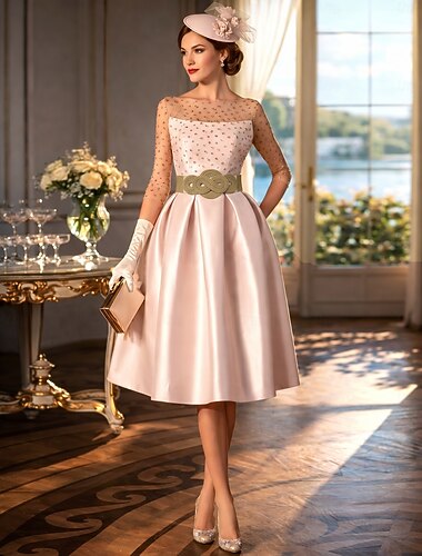  A-lijn Tot de knie Galajurken Elegant Jaren '50 Halve mouw Met sieraad Bruiloft gast Kentucky Derby Zak Satijn met Knopen Zak