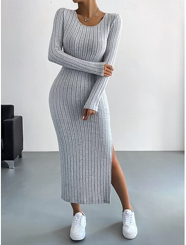  Damen Maxikleid Strickkleid Bodycon Elegant Klassisch Täglich Urlaub Schlank Einfach Langarm Rundhalsausschnitt Wein Grau Herbst Winter