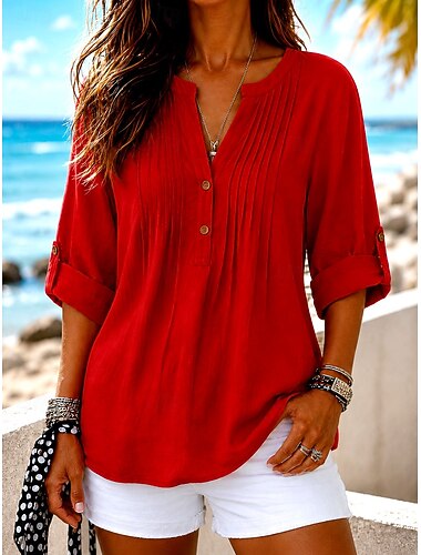 Per donna Camicia di lino Blusa Tinta unica Vintage Elegante Classico Manica Lunga Henry Collar Top Regolari Casuale Quotidiano Rosso Estate Autunno