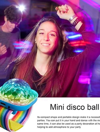  Pulseira mini bola de discoteca, luzes de festa portáteis recarregáveis via USB, luz de palco LED RGB com alça arco-íris para crianças e adultos, decoração de festa ativada por som para aniversários,