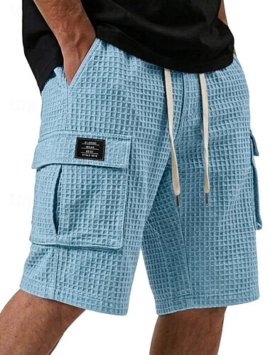  Herren Waffel-Shorts Shorts Sommershorts Freizeitshorts Kordelzug Elastischer Bund Mehrere Taschen Einfach Komfort Atmungsaktiv Knielang Lässig Outdoor Strand Urlaub Mode Weiß Khaki Mikroelastisch
