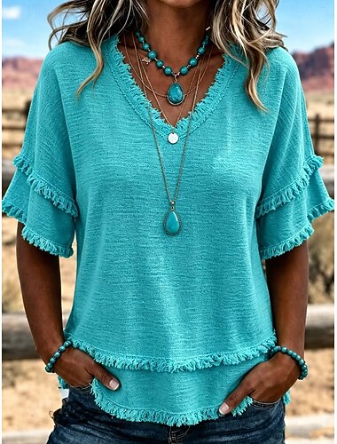  Damesblouse met V-hals, franjes, korte mouwen, dubbele laag, gerafelde zoom, gekreukte textuur, losse casual tuniek.