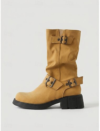  Bottes motardes mi-mollet pour femme, à boucle, bout rond, talon bloc épais et semelle crantée, style moto vintage, idéales pour les festivals, les voyages, les sorties décontractées et l'automne au