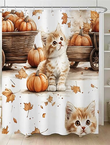  lindo gato &Cortina de ducha con estampado de calabazas y ganchos de plástico, divertida decoración artística para el baño con estampado de hojas de árboles otoñales, lavable a máquina.