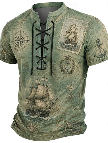  Voor heren Schip Kompas Henley-shirt T-shirt T-shirt Korte mouw T-shirt 3D-afdrukken Veterhals Henley Overhemd Retro vintage Casual Dagelijks blauw Groen Donkerblauw Lente zomer Kleding S M L XL XXL