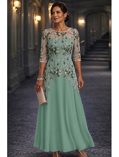  A-Linie Bodenlang Brautmutterkleid Halbarm Rundhalsausschnitt Elegant Vintage Einfach Formell Hochzeitsgast Hochzeitsfeier Chiffon Spitze mit Stickerei Applikationen