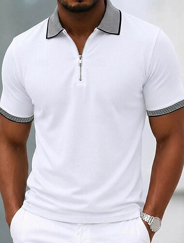  Per uomo 100% cotone Polo Casuale Affari Con cerniera Colletto Polo a Coste Manica Corta Moderno Confortevole Semplice Stripe-Trim Blocco di colore Estate Primavera Tutte le stagioni Vestibilit
