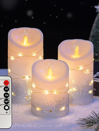  3 stuks zilverkleurige LED-kaarsen zonder vlam met glitter en lichtsnoer, kaarsen met schuine bovenkant, werken op batterijen en inclusief afstandsbediening en timer. &Dimbaar, binnendecoratie voor