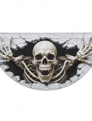  Halloween halvrund flaggstavle 3D skjeletthodeskalle knusende vegg utendørs veranda rekkverk gjerde hjemsøkt hus festdekorasjon