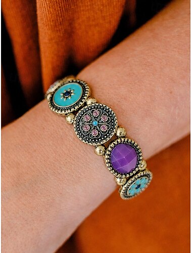  Boho-Stretcharmband für Damen, Statement-Armreif aus Vintage-Legierung mit farbenfrohem Medaillon-Detail, elastischer Handgelenkschmuck für Urlaub, Festivals, Partys und Reisen &Alltagskleidung