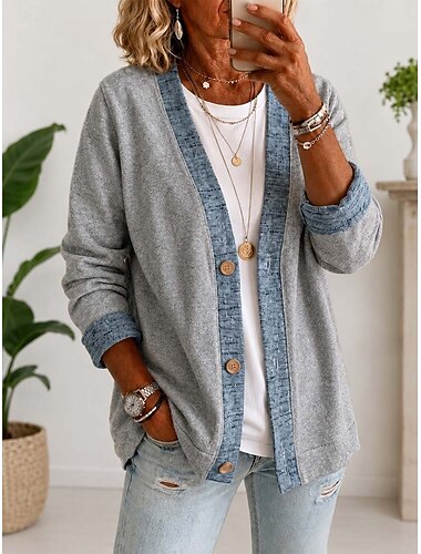  Dames Tuniek Hoodies Lapwerk Effen Kleur Vintage Casual Lange mouw V-hals Lange tops Casual Dagelijks Buiten Grijs Zomer Lente Herfst