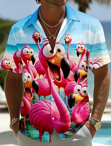  Férfi Flamingó Kókuszfa Trópusi növények Ing Hawaii ing Trópusi ingek Rövid ujjú Hawaii Hétköznapi Szabadság Strandruházat Nyár Tavasz Térfogatcsökkenés 3D nyomtatás Gombolható ingek Medence Arcpír