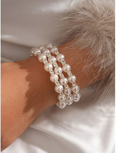  Damesarmband met imitatieparels en meerdere lagen strass-steentjes, goud- en zilverkleurig, elegant statement-sieraad voor bruiloften, feesten, brunches, jubilea, vakanties en dagelijks gebruik.