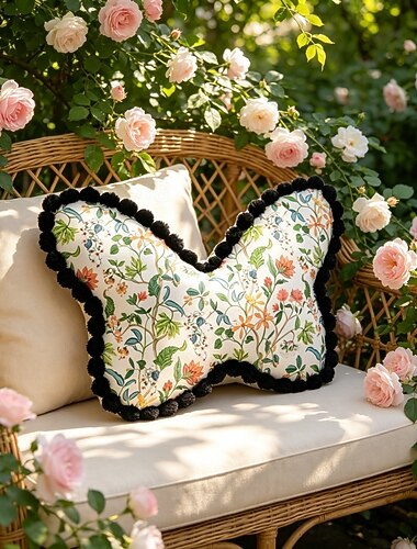  1 Kissen in Schmetterlingsform mit französischem Landhausstil und schwarzem Pomponbesatz, dazu passendes Dekokissen mit rosa Rosenmuster im Cottagecore-Stil für Sofa und Bett & Wohnzimmer