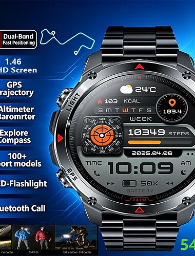  Relógio inteligente militar masculino com navegação GPS, lanterna LED integrada, tela HD de 1,46" resistente com chamada Bluetooth, altímetro, barômetro, bússola, resistência à água de 5 ATM e função