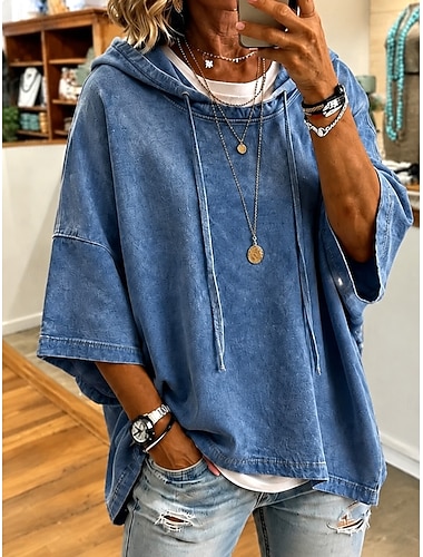  Dames Gewassen katoen 100% Katoen Trui met capuchon Sweatshirt Vintage Westers 3/4 mouw Capuchon Lange tops Casual Huis Straat blauw Zwart Lente Herfst Winter