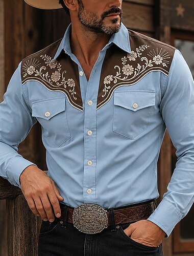  Per uomo Floreale Camicia Camicia Western Camicia da cowboy Manica Lunga Vintage Western Casuale All'aperto Primavera Autunno Collo ripiegato Due tasche anteriori Camicia tipo lino Camicie con bottoni