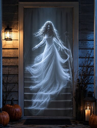  Cubierta de puerta de Halloween, pancarta de puerta de novia fantasma, ilusión de escalera embrujada en 3D, dama blanca, fondo de puerta principal aterrador, entrada, decoración de fiesta de Halloween