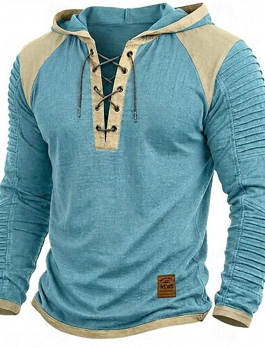  Herren T Shirt T-Shirt Langarmshirt Langarm Mit Kapuze Schnürhals Frühling Frühling & Herbst Ganzjahres Farbblock Schmale Falten Mode Designer Basic Schnürung Patchwork Lässig Urlaub Straße Blau