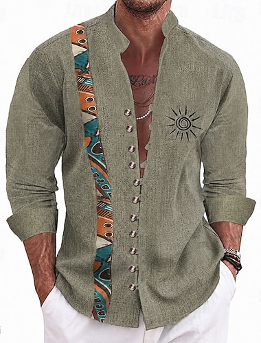  Herr Sol Etnisk Indisk kultur Skjorta Ståkrageskjorta Långärmad Vintage retro Semester Dagliga kläder Utekväll Vår Höst Kraghalsband Bandkrage Button-Down Linne som skjorta Blå Mörkgrön Brun Grön