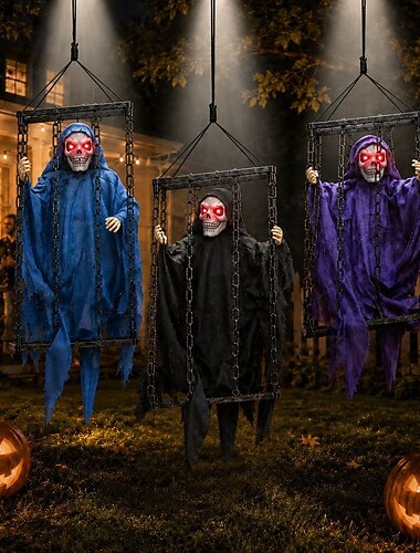  Elektrisch beleuchtete Halloween-Dekoration 2026: Skelett im Käfig, Sensenmann, mit Soundeffekten &Berührungsaktivierte, wackelnde Geisterattrappe mit rot leuchtenden Augen &Gruselige Schreie,