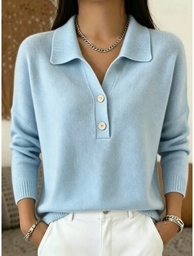  Mulheres Suéter Pulôver suéter Elegante Vintage Diário Aberto para a Lateral Botões Manga Longa Tops regulares Tricotar Diário Feriado Final de semana Azul Cáqui Primavera Outono