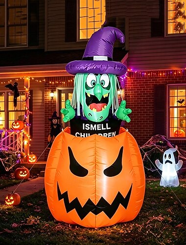  Sorcière citrouille gonflable d'Halloween de 1,5 m avec lumières LED, décoration de jardin animée et gonflable, sorcière citrouille lumineuse amusante pour la décoration de fête intérieure,