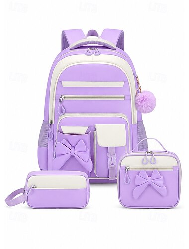 Conjunto de mochila de 3 piezas con lazo para niñas, mochila escolar ligera de poliéster en varios colores con bolsa para el almuerzo. &Estuche para lápices, mochila de gran capacidad con múltiples