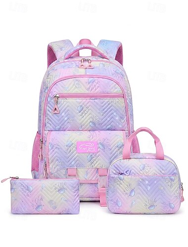  Conjunto de mochila escolar de 3 piezas para niñas, multicolor, de poliéster resistente al agua, con gran capacidad, múltiples compartimentos y bolsa para el almuerzo. &Estuche para lápices para la