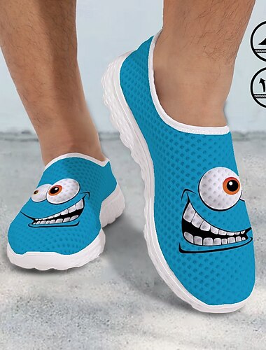  Blå herrskor med tecknat ansikte och ventilerande mesh-ovandel i bikakemönster &lätt EVA-yttersula, halkfria flexibla och avslappnade mesh-sneakers för dagliga promenader, strand &sommarresor