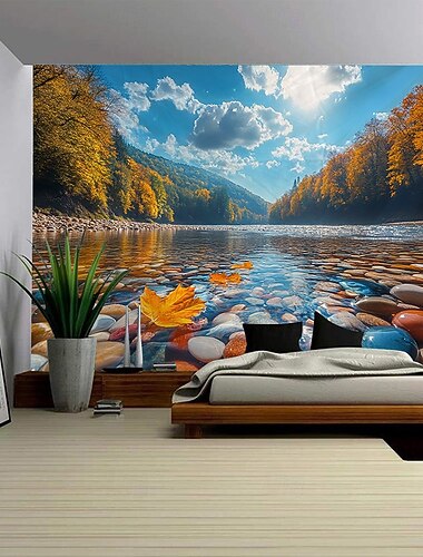  Wandteppich mit Herbstwaldmotiv, blauer Himmel, weiße Wolken, Seelandschaft – ideal fürs Schlafzimmer, Natur- und Sonnenscheinmotiv fürs Studentenwohnheim & Wohnzimmer