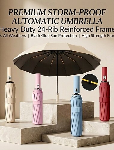  Ombrello antivento rinforzato con 24 stecche, robusto ombrello pieghevole da lavoro con protezione solare anti-UV, grande ombrello da pioggia per sole, uomo e donna, ombrello da viaggio per esterni