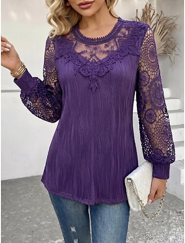  Mulheres Topo de ilhó camisa Boho Camisa de renda Elegante Boêmia Férias Manga Longa Tops longos Casual Diário Feriado Roxo Laranja Bege Primavera Outono