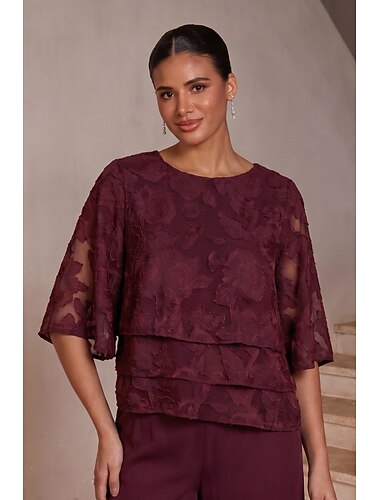  Dames Blouses Strakke ronde hals Halve mouw Flutter mouw Casual / Dagelijks Moeder van de bruid Bruiloft gast met Burnout Bloemen Gelaagde ruches aan de zoom Bordeauxrood