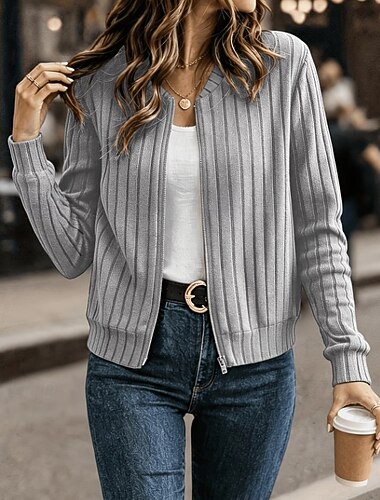  Damen Freizeitjacke Strickjacke Warm Reißverschluss Klassisch Täglich Heim Arbeit Regulär Kragenlos Normale Passform Langarm Oberbekleidung Schwarz Dunkelblau Aprikose Herbst