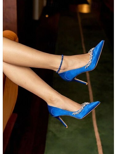  Kongeblå satinpumps til kvinder - elegante spidse tå med rhinstensformede stilettohæle til cocktailparties, aftenmiddage, kjolesko til bryllupsgæster