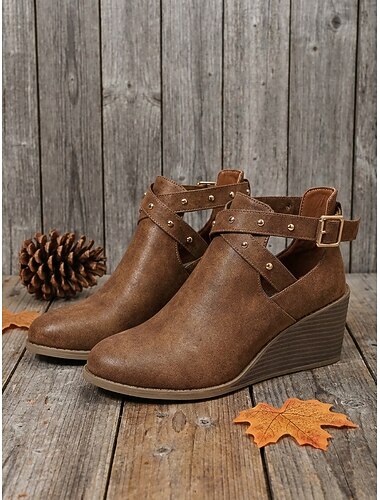  Bottines compensées marron délavées pour femme, avec bride à boucle à rivets croisés, style décontracté, idéales au quotidien et pour les voyages. &promenades à la campagne
