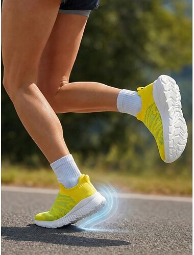  Baskets de running Flyknit jaunes à enfiler pour femme, en jacquard à vagues, avec semelle amortissante et col chaussette léger pour un confort optimal toute la journée, idéales pour le jogging.