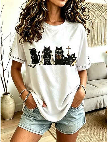  Dames T-shirt Afdrukken Grafisch Kat Vintage Stijlvol Modern Korte mouw Strakke ronde hals Normale tops Casual Dagelijks Wit Geel Blozend Roze Groen Grijs Zomer Lente