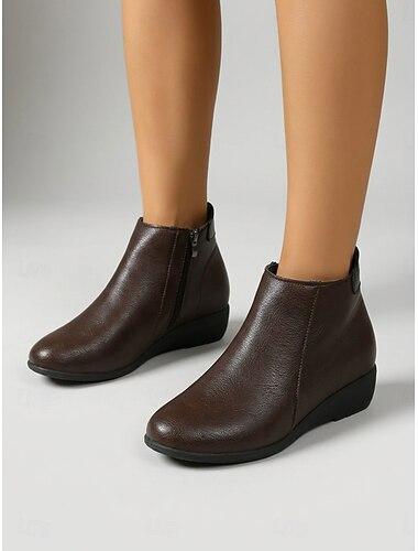  Bottines marron à fermeture éclair latérale pour femme - bottines confortables en similicuir à bout rond, idéales pour les trajets quotidiens et la ville. &tenues décontractées de campagne