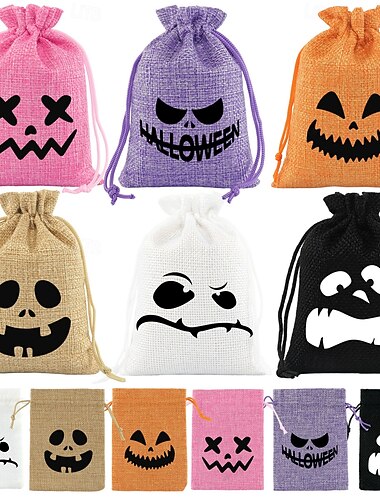  6 Halloween-Süßigkeitentüten für Kinder, lustige Jutebeutel mit Kordelzug, wiederverwendbare Jutebeutel zur Aufbewahrung von Geschenken, Süßigkeiten und Kostümzubehör für Halloween-Partys.