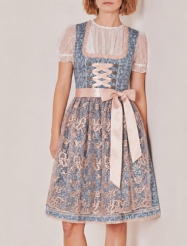  Oktoberfest Dirndl Klänning Midilängd Spets Hembiträde Romantisk Bavarian München Ängar Dam Traditionell stil tyg Utan blus (60 cm)