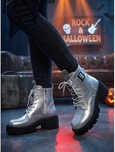  Stivali da combattimento da donna in metallo argentato - stivaletti gotici con plateau e suola spessa, allacciatura, ideali per feste a tema Halloween e costumi cosplay.