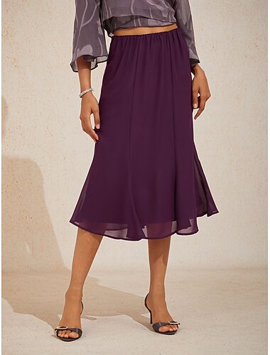  Damen Chiffonrock Elegant Midi Mittlere Taille Röcke Einfach Tasche Elastischer Bund Mikroelastisch Abschlussball Party-Abendmode Zwetsche Sommer